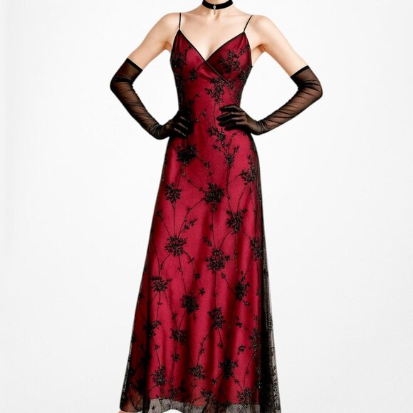 Vintage Burgundy Red Floral Velvet Beaded Mesh Bodycon Maxi Dress Size M/L - Picture 2 of 8